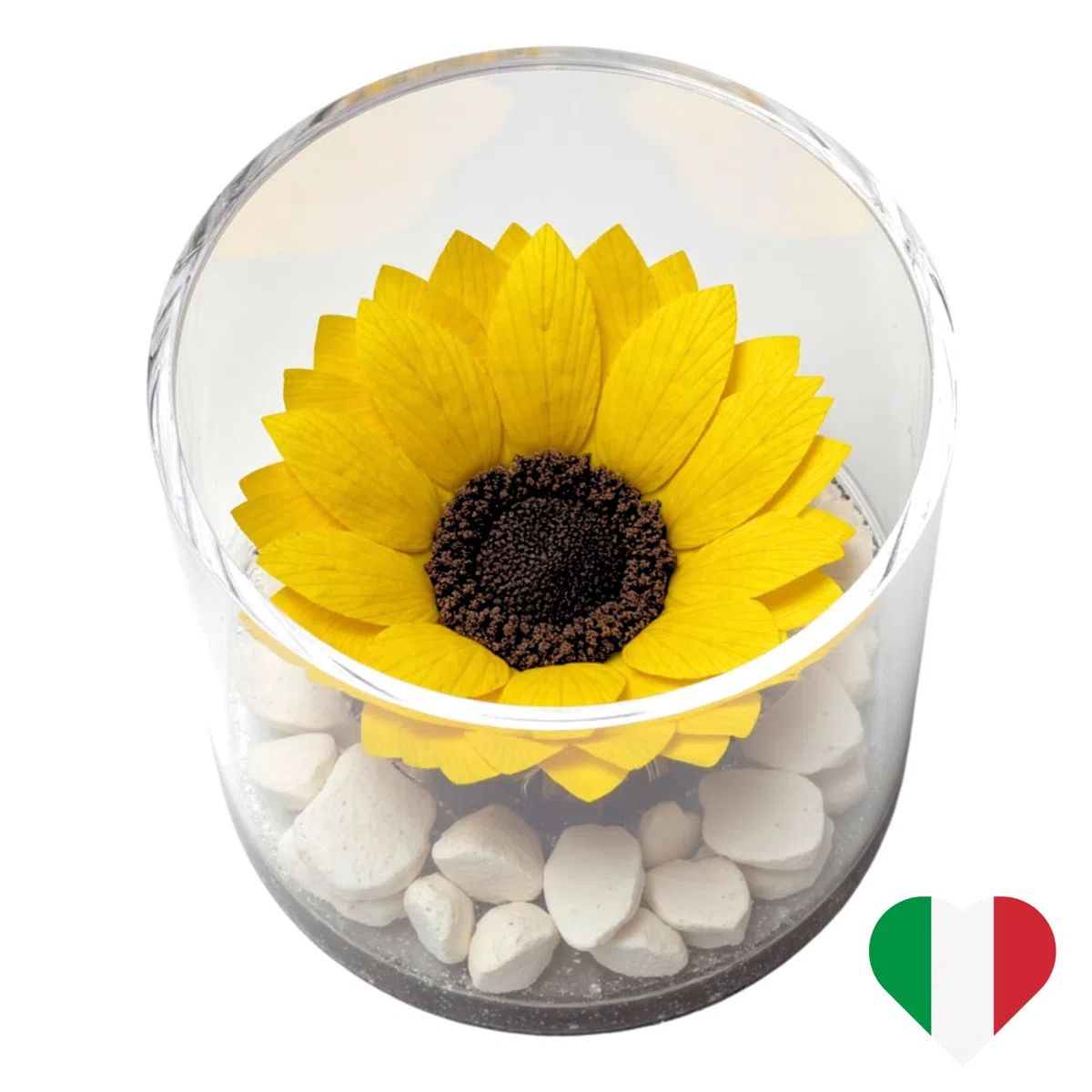 Premium-rose.com Box tondo con Girasole Stabilizzata e Marmo di Carrara, Idea Regalo Unica e Raffinata, Idea regalo per lei, Natale, Cubo Rosa fucsia, Fatta in Italia (girasole 1999)