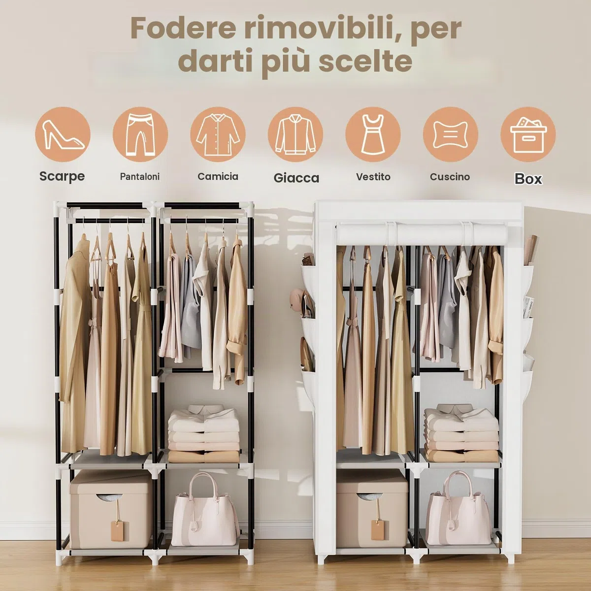 Vicye Armadio a Risparmio di Spazio, Armadio in Tessuto con 2 Barre Appendiabiti, 4 Ripiani e 6 Tasche Laterali, Armadio per Camera da Letto, Dormitorio o Spogliatoio, Bianco(90 x 45.5 x 172 cm)