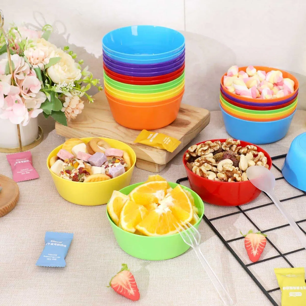 LATERN 48 ciotole di plastica riutilizzabili, 300 ml, infrangibili in plastica per bambini, microonde e lavabili in lavastoviglie, per cereali, zuppe, spuntini, insalata di frutta (6 colori)