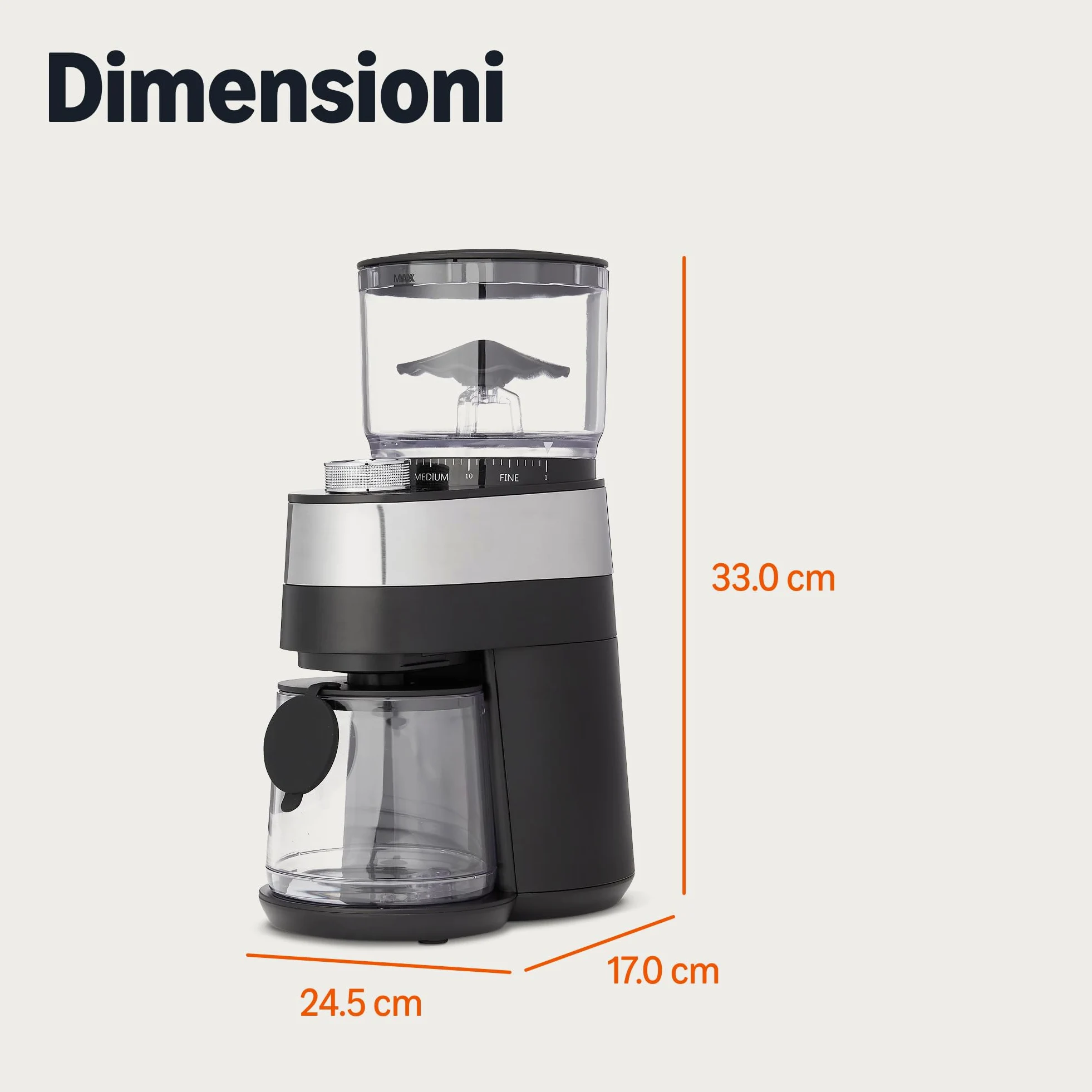 Amazon Basics Macinacaffè elettrico con 30 impostazioni di macinino per macchina da caffè francese, caffè americano ed espresso, nero