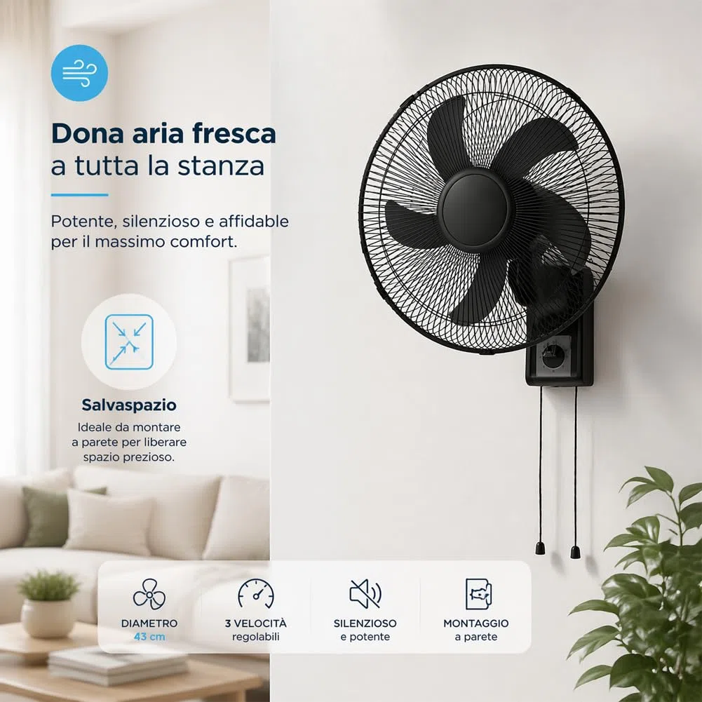 BAKAJI Ventilatore da Parete con Griglia da 43cm, 3 Livelli di Velocità Selezionabili, 5 Pale, 65 Watt di Potenza con Oscillazione Laterale Automatica