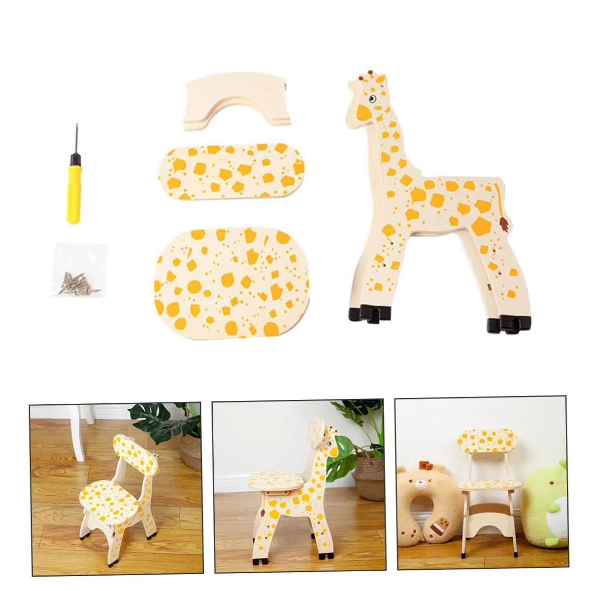 VALICLUD Sedia con schienale in legno a forma di giraffa per sgabello carino e giocoso, design liscio con caratteristiche di sicurezza, mobili per bambini per giocare a casa