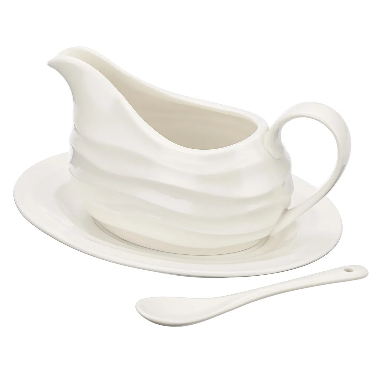 Salsiera in Kremik con vassoio, ciotola da portata con manico, dispenser con cucchiaio per salsa gourmet, per latte, braciole di maiale, dessert, idea regalo per microonde e lavastoviglie