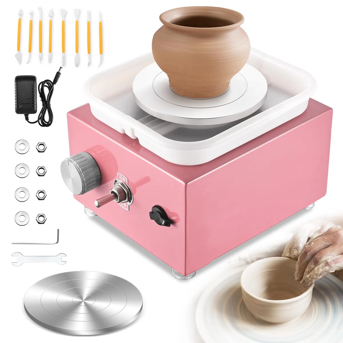 Tornio per Ceramica, Kooeuru Tornio per Argilla 2000 giri/min Velocità Regolabile con Piastre da 10/6,5 cm, Strumenti di Modellatura e Vasca Rimovibile, Tornio Ceramica per Bambini e Adulti, Rosa