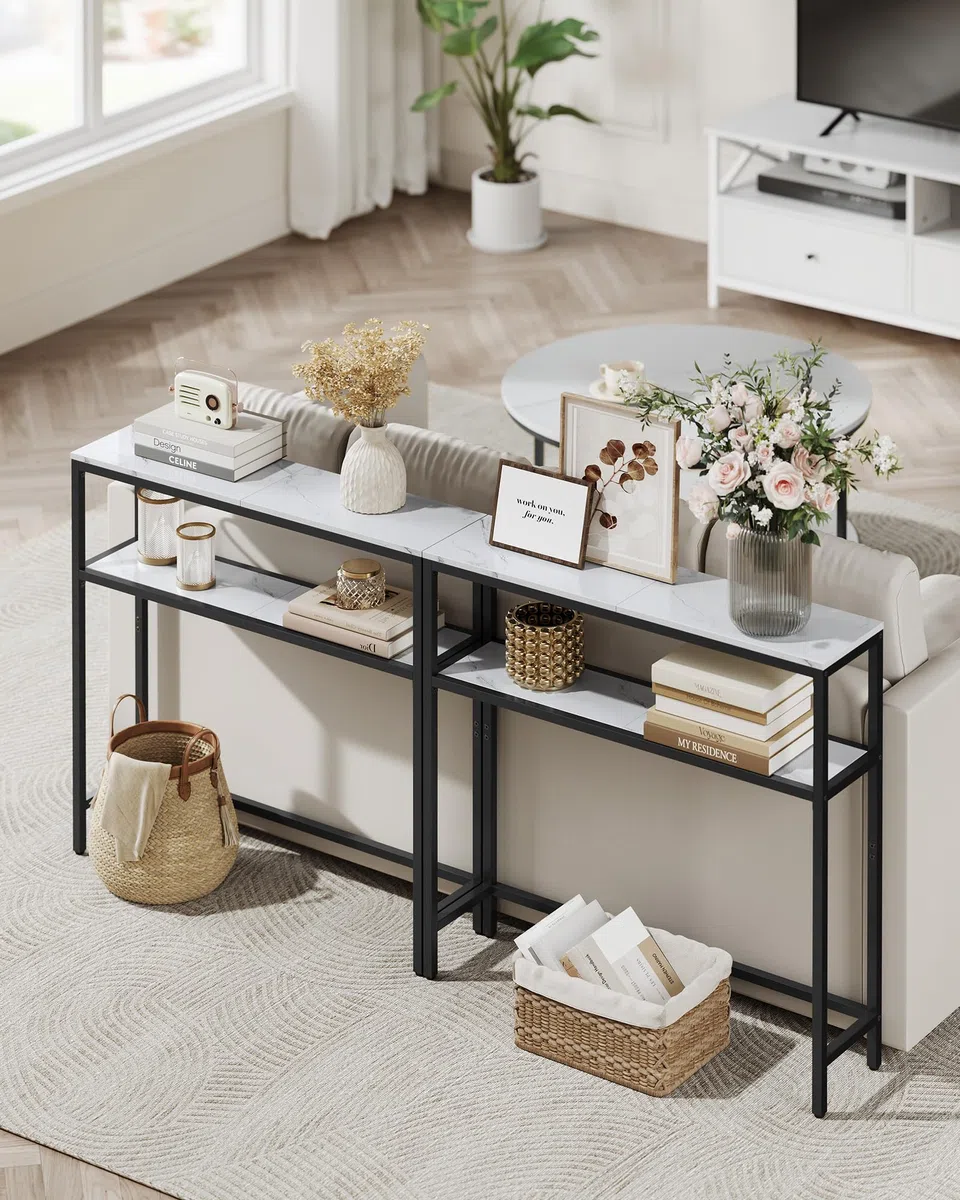 VASAGLE Tavolo Consolle, Tavolo Stretto a 2 Ripiani Portaoggetti, 20 x 80 x 80 cm, per Soggiorno, Corridoio, Ingresso, Bianco Marmo e Nero Inchiostro LNT130W59
