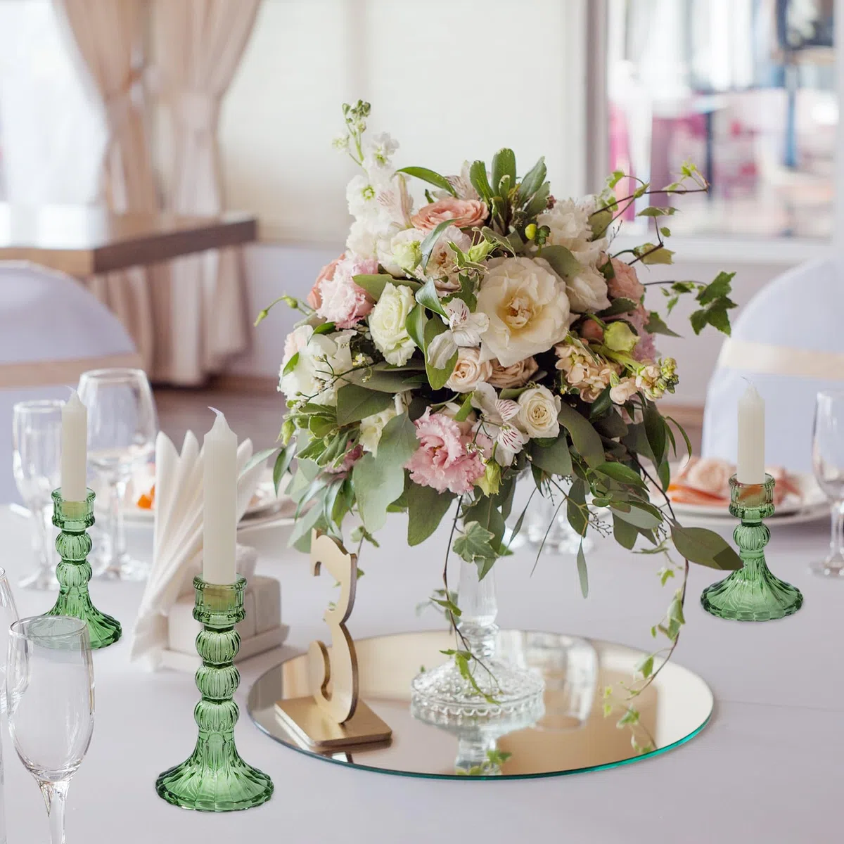 Lewondr Set di Candelabro in Vetro Trasparente, 3 Pezzi Accessori Decorazioni Tavolo Porta Candele, Candelieri con Design a Strisce Verticali per Tavolo, Casa, Matrimoni, Feste, Verde
