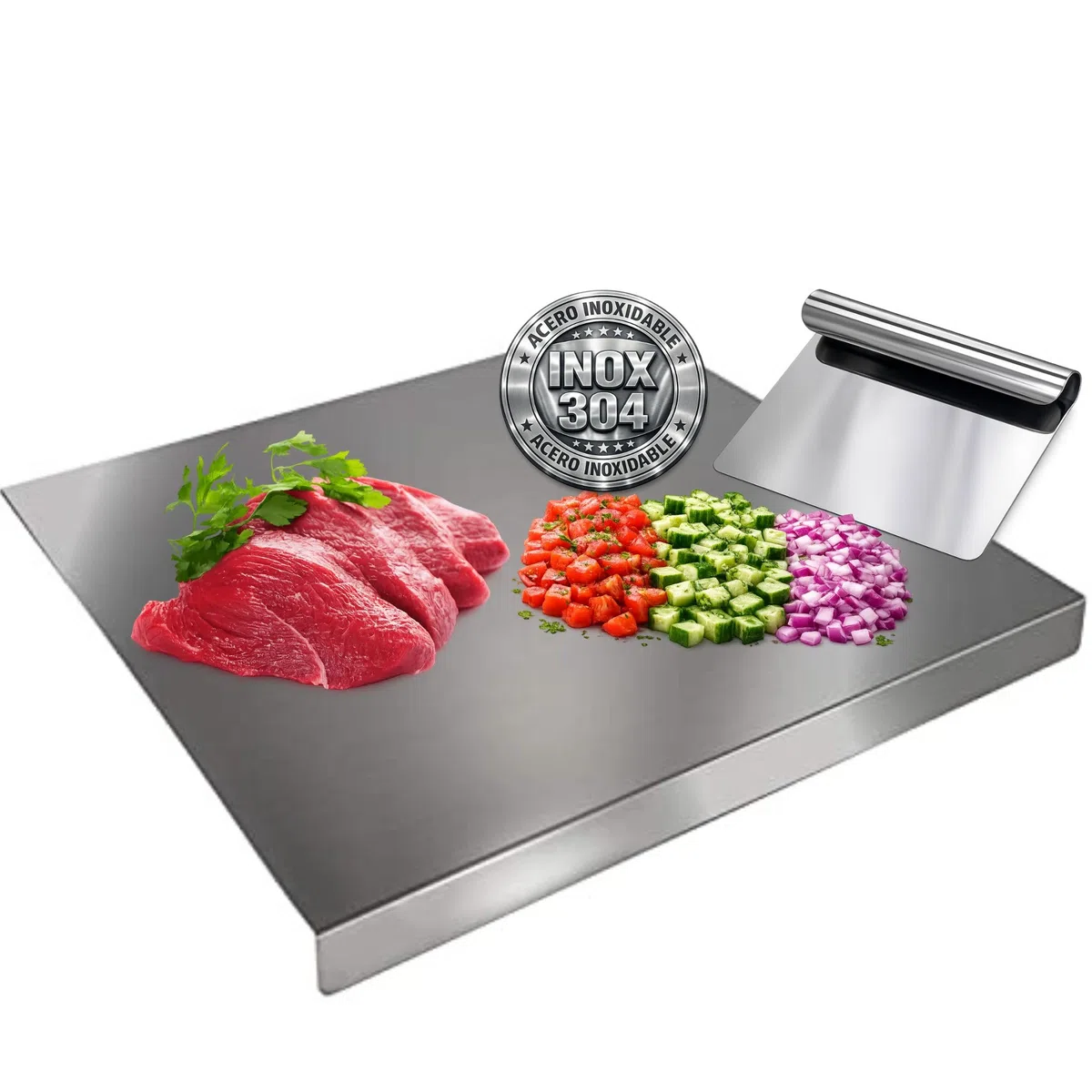 Pack Tagliere Acciaio Inox 40x30 cm + Spatola Cucina – Igienico e Antibatterico – Ideale per Carne, Verdure, Frutta e Impasti – Facile da Pulire – qualità Professionale