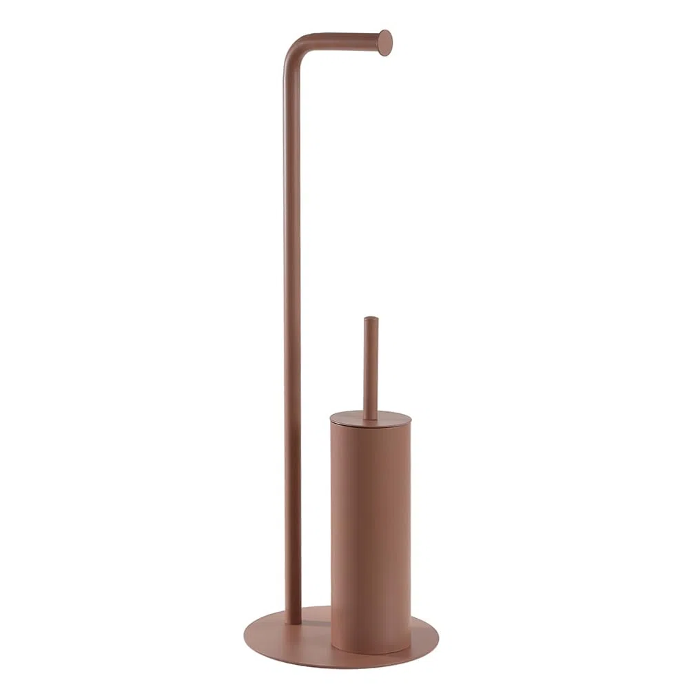 Piantana Bagno Portarotolo E Portascopino Taki In Acciaio Mocha - 22x22x67,2 Cm - Finitura Opaca Con Contenitore Removibile