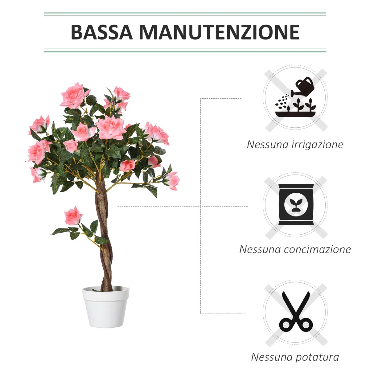 Outsunny Pianta Finta di Rosa da 21 Fiori con Vaso Riempito in Cemento e Muschio, Pianta Artificiale Anti-UV in Plastica e Tessuto, Ø18x90 cm, Rosa