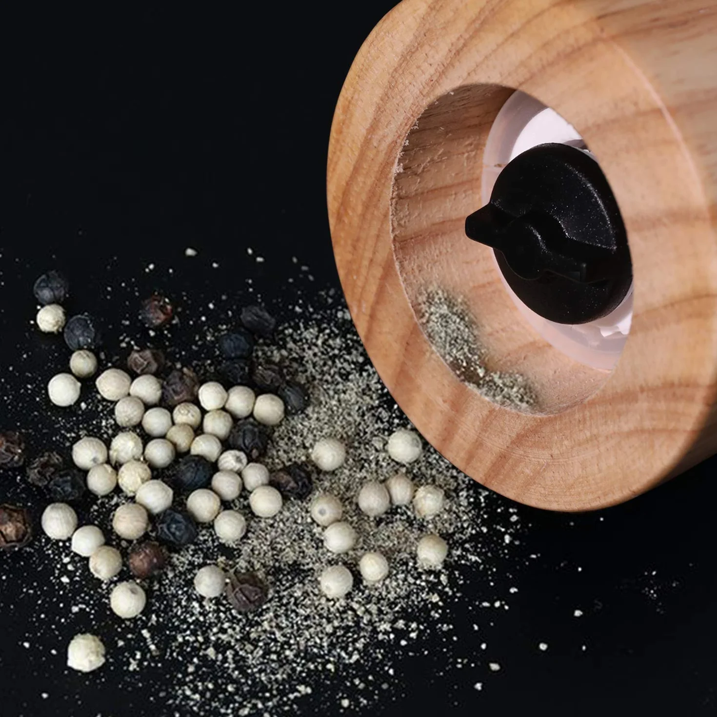 Macina Sale e Pepe in Legno e Ceramica - Macina Pepe con Macinino Regolabile, 17.5cm (Con Sottobicchiere)