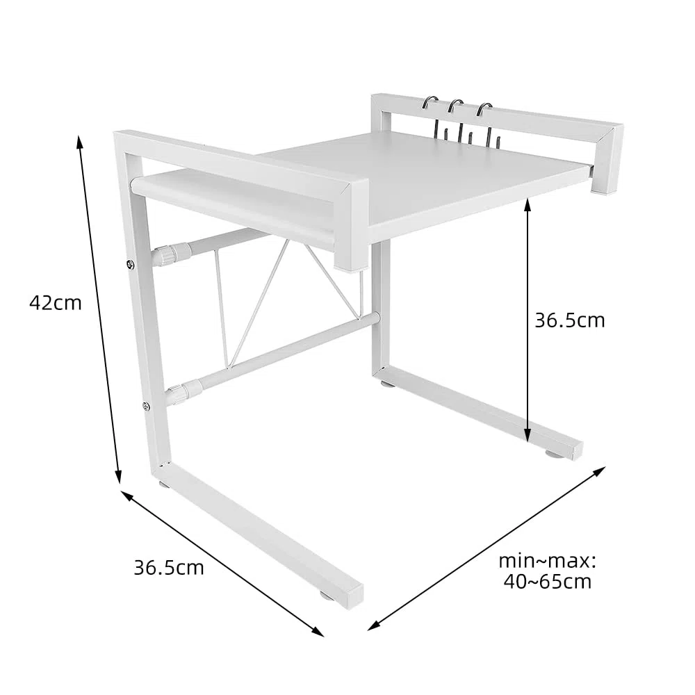 HUOLE Microonde Forno Scaffale Cucina Mensola: Salvaspazio Tavolo Fornetto Supporto Mensole Mobiletto Ripiano Casa Spazio Ripiani per Forno a Micronde Allungabile con Appendi Ganci 42 cm (40-65 cm)