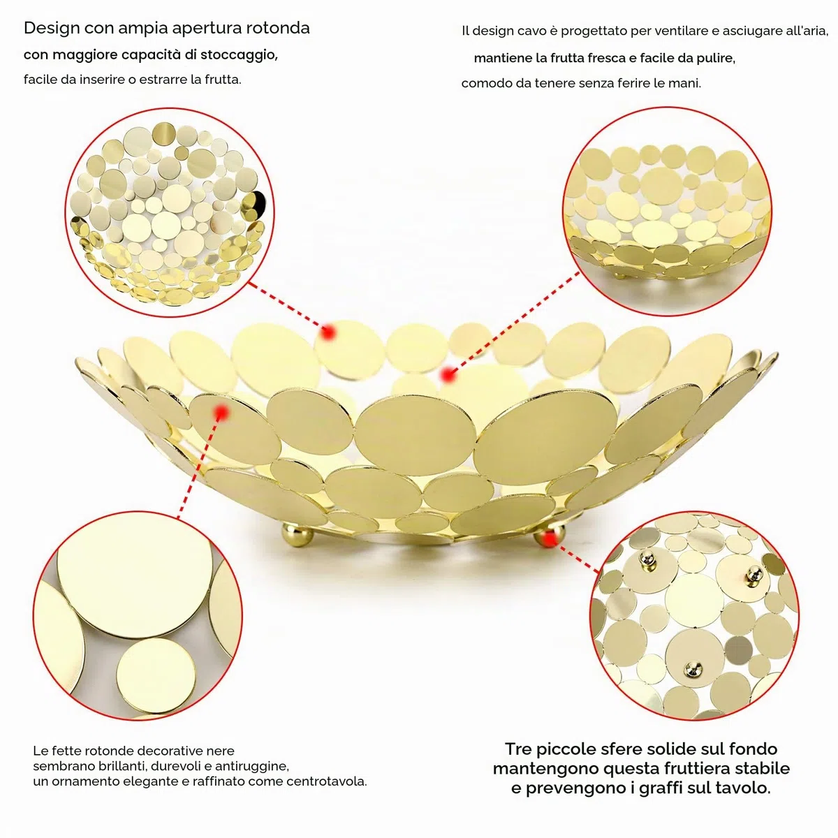 SumnaCon Ciotola da banco in metallo per frutta – Cucina & Tavolo da pranzo Display Basket – Oro