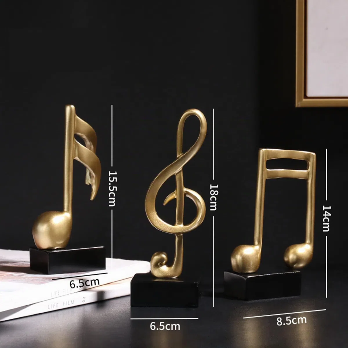 CINY 3 Pezzi Di Musicale Statua Musica Nota Ornamento Scultura, Decorazione Musicale, Set Di Sculture Musicali In Resina Per Regali Di Pianoforte Da Casa Souvenir Regalo Resina, Oro
