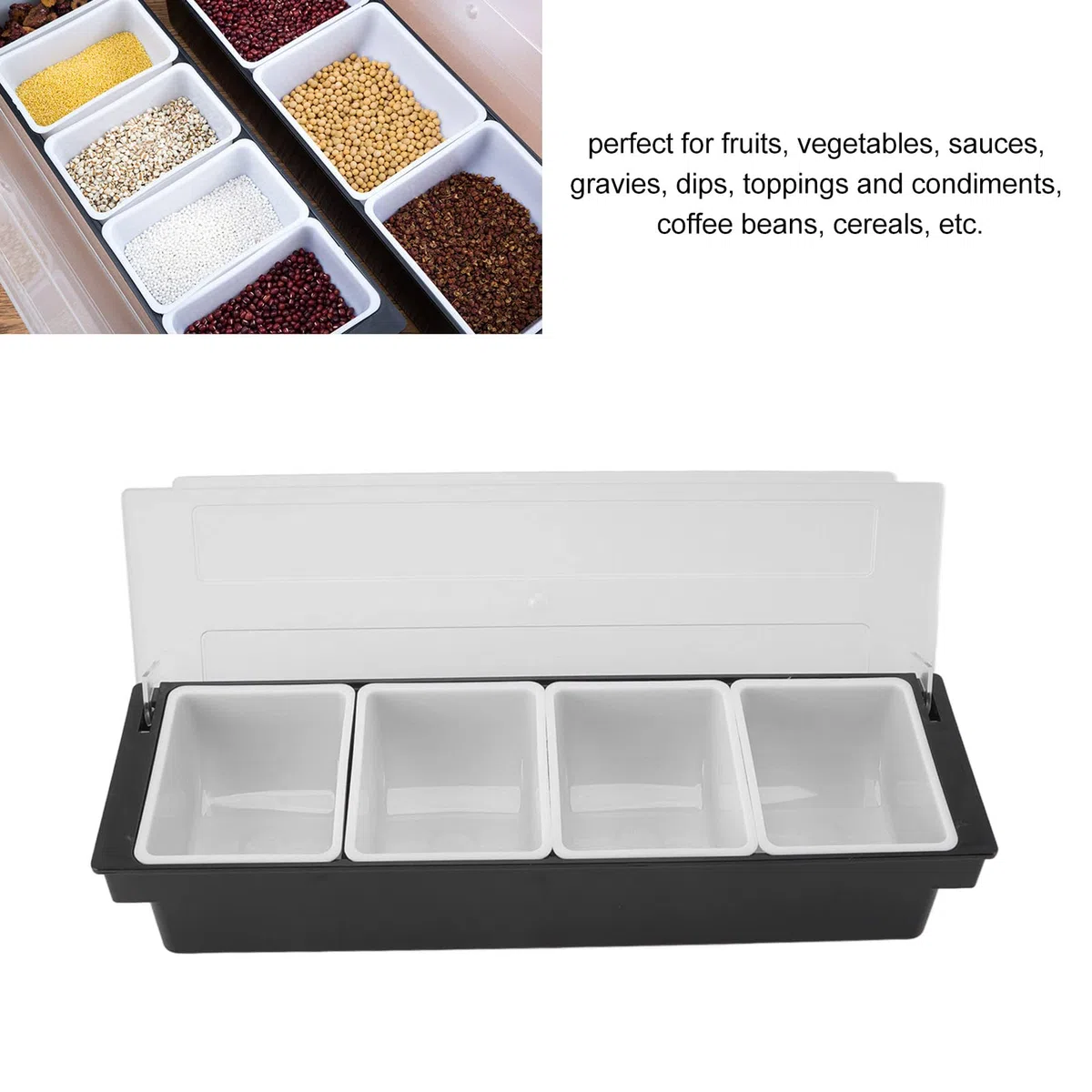 Contenitore per Frutta e Verdura con Coperchio, Contenitore per Dispenser di Condimenti per 4/6 Scomparti, Stazione di Decorazione in Plastica per Bartending e Servire Taco, Gelato,(4 scomparti)