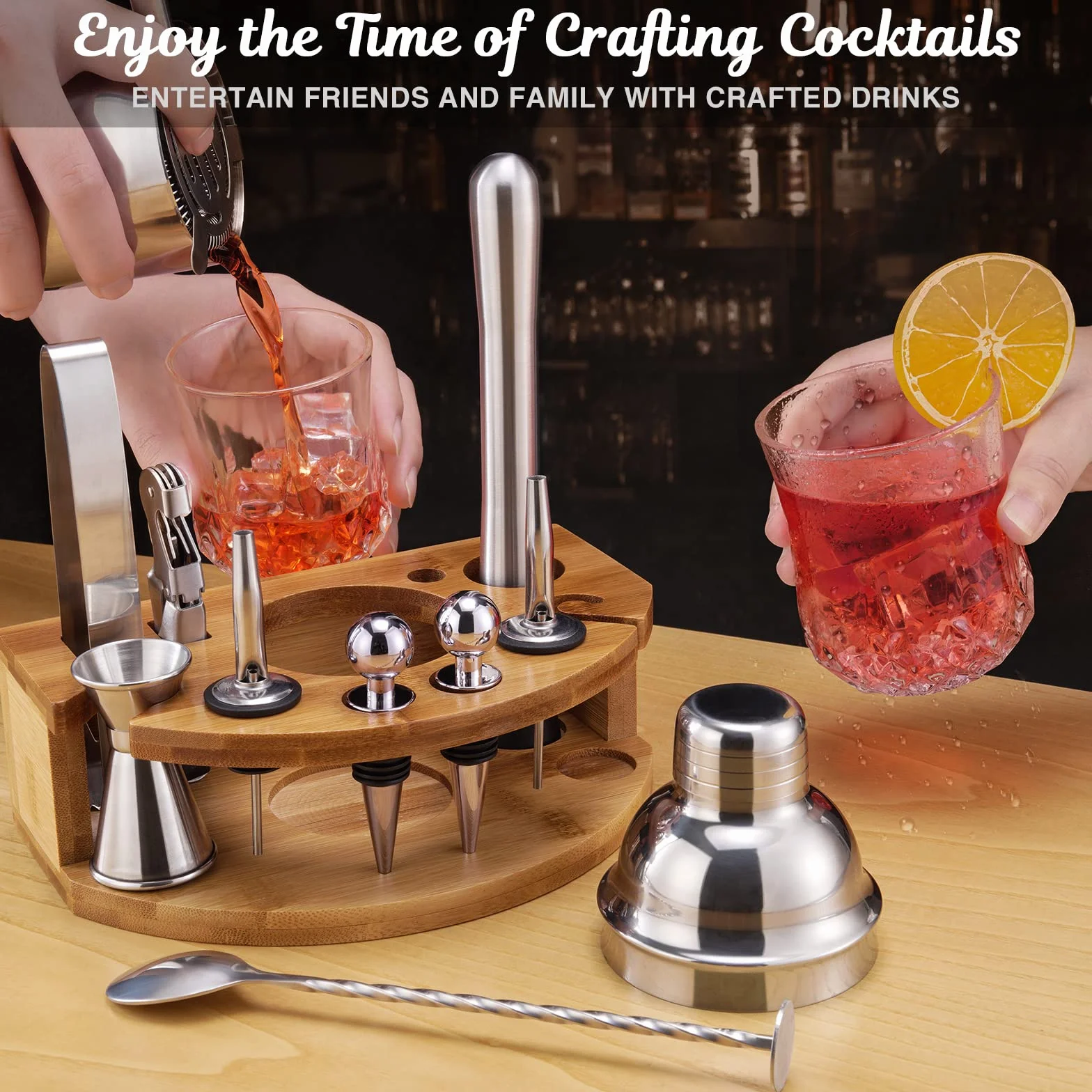 Set Cocktail Shaker con Supporto, Kit Barman Professionale da 750 ml da 12 Pezzi per Mescolare Bevande, Regali per Uomini, Papà, Donne, Amanti dei Cocktail, Set da Barista per Feste da Bar a Casa