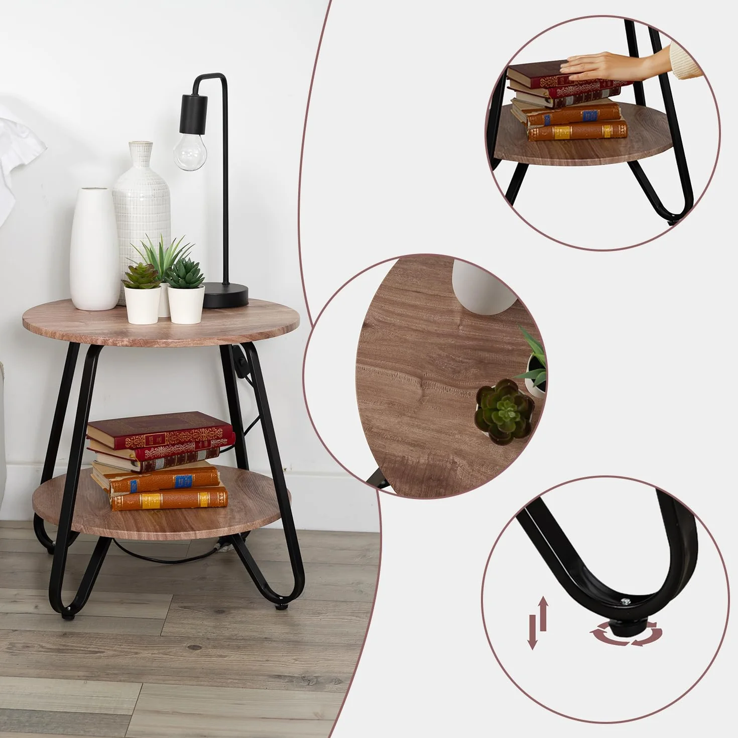 MEUBLE COSY Tavolino da caffè Rotondo Comodino con Ripiano per Soggiorno Camera da Letto, Design Scandinavo, Struttura in Metallo, Legno ingegnerizzato, Marrone Chiaro e Noir, 46x46x45cm