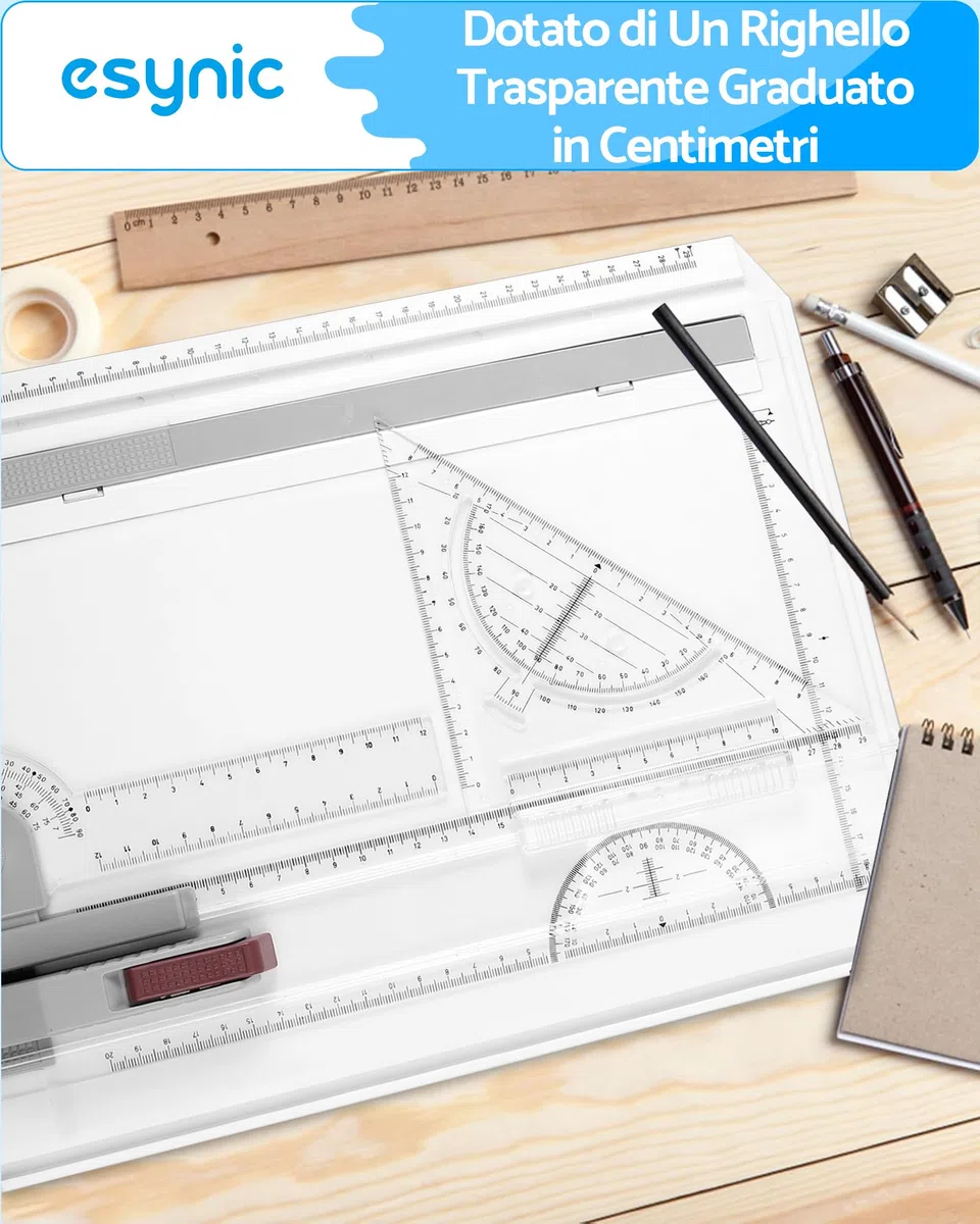 eSynic Tavolo da disegno A4 37 x 30 cm Multifunzionale con Sistema di Misurazione Regolabile Angolo Set Tavolo da Disegno Scrittoio con Goniometro Localizzatore Carta Righello Scorrevole