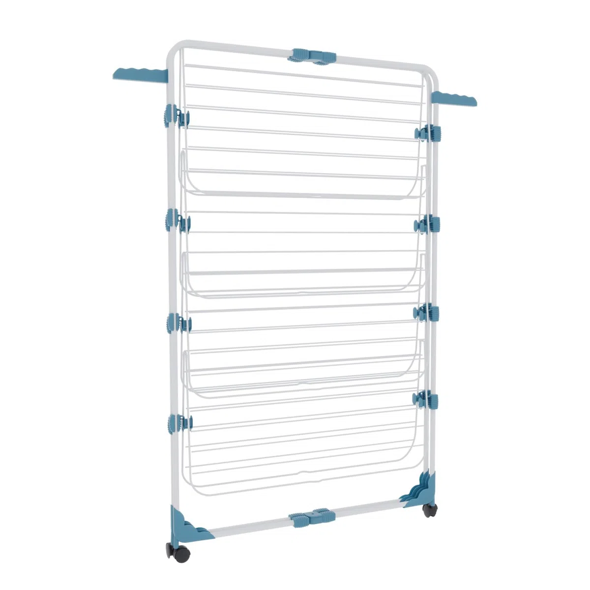 Bricozone Stendibiancheria Verticale con Rotelle Salvaspazio e Pieghevole in Acciaio con 4 Ripiani e 2 Supporti per Grucce per Stendere Biancheria Lenzuola e Abiti Misure 168,5x71x71cm (Bianco e Blu)