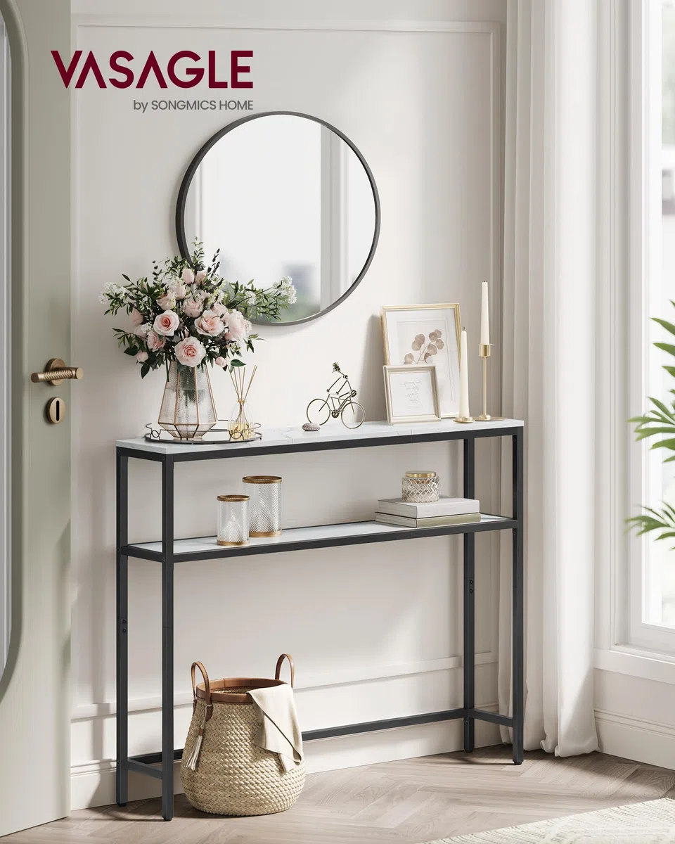 VASAGLE Tavolo Consolle, Tavolo Stretto a 2 Ripiani Portaoggetti, 20 x 80 x 80 cm, per Soggiorno, Corridoio, Ingresso, Bianco Marmo e Nero Inchiostro LNT130W59