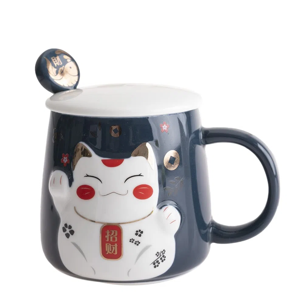 lachineuse - Tazza in rilievo - Decorazione gatto Maneki Neko - Tinta blu - Accompagnata dal suo cucchiaio - Decorazione giapponese - Idea regalo Giappone Asia
