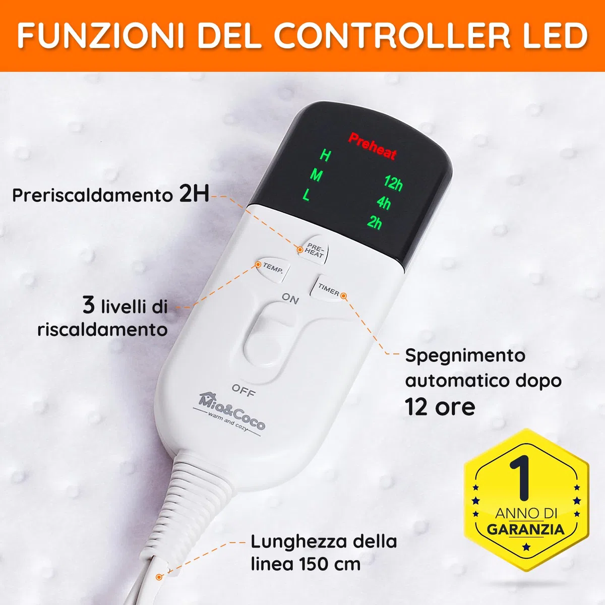Mia&Coco Coperta termica con spegnimento automatico, 150 x 80 cm, con timer 12 ore e 3 livelli di calore, indicatore LED, protezione da surriscaldamento, coperta termica per materassi frequenti