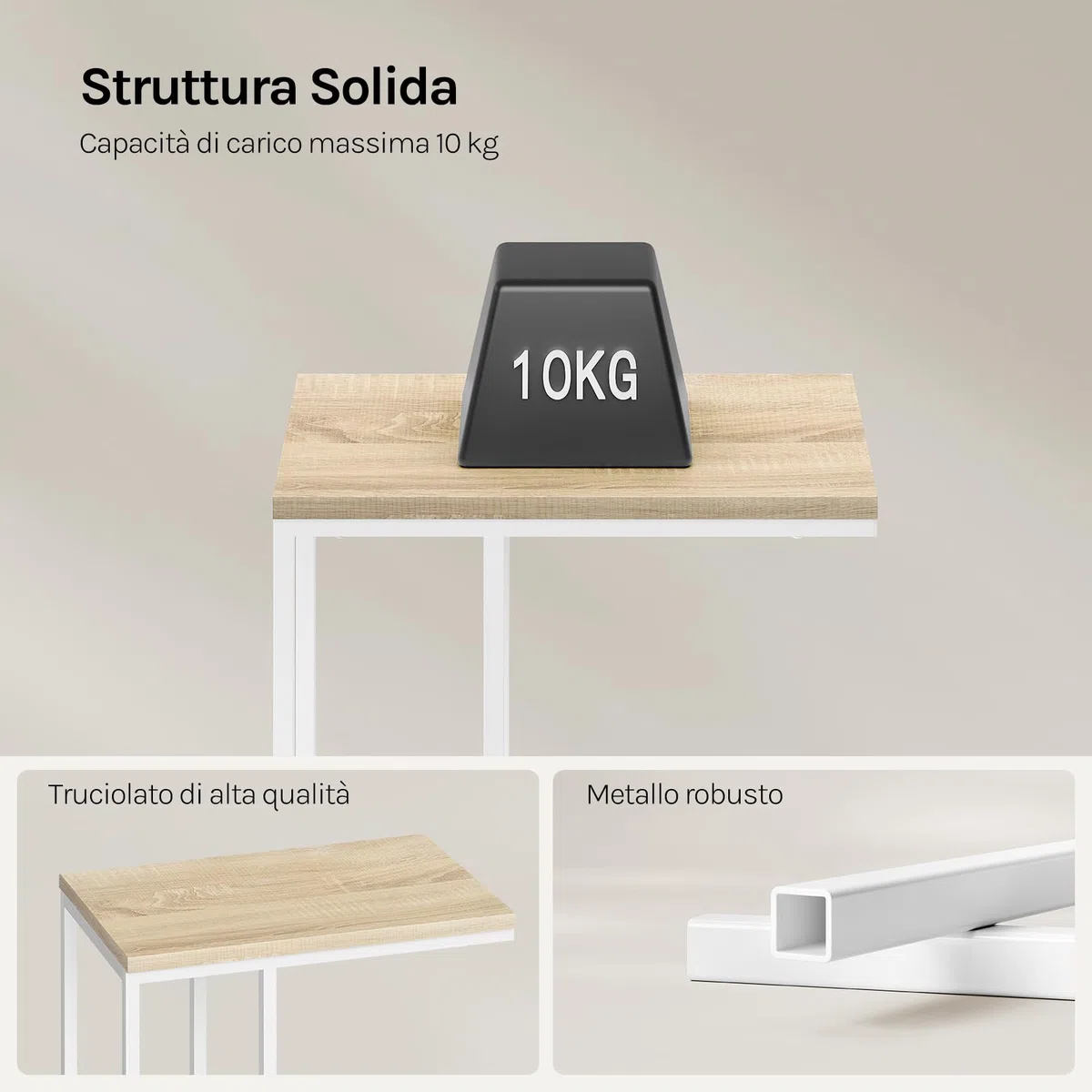 WOLTU Tavolino a Forma di C, Tavolino Compatto con Struttura in Metallo e Piano in Legno Ingegnerizzato, per Divano/Letto/Soggiorno/Camera da Letto, L45xP25xH63,5cm, Rovere chiaro+bianco