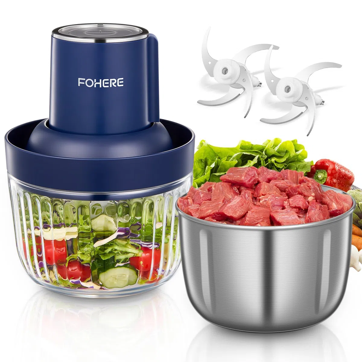 FOHERE 1,8 L+ 2 L Tritatutto da Cucina Elettrico con 2 Ciotole, 300W Frullatore Tritatutto Multifunzione, 2 Lame a due Livelli per Carne Verdura e Frutta, Blu
