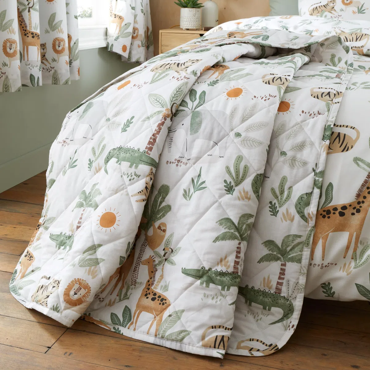 Happy Linen Company Coperta Trapuntata Reversibile per Ragazze Ragazzi Bambini con Animali Safari della Giungla Avorio 150 x 200 cm