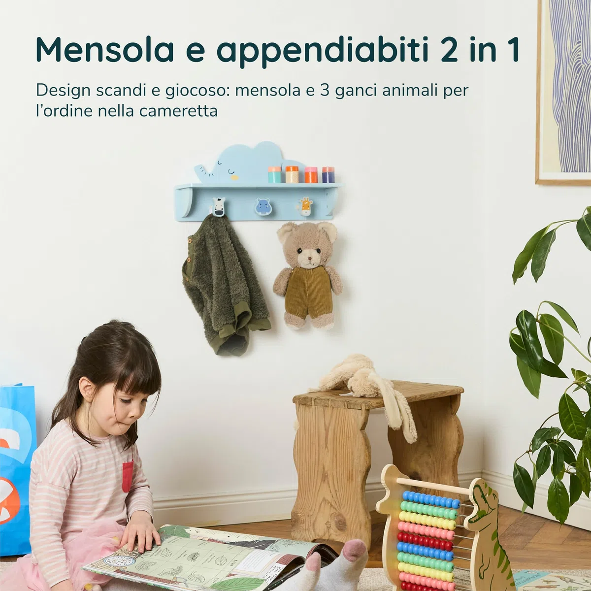 Twig & Leaf Appendiabiti da Parete Bambini in Legno FSC con 3 Ganci - Mensola Cameretta Elefante Montessori - Attaccapanni Bambini da Muro