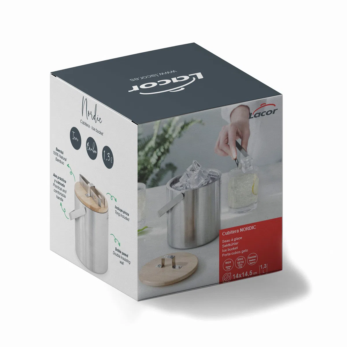 Lacor Nordic Secchiello per il Ghiaccio, Contenitore per il Ghiaccio, Acciaio Inossidabile, Include Piano in Bambù Naturale al e Morsetto in Acciaio Inox 18 e 10, 14 cm, Capacità, 1.3 L, 65514