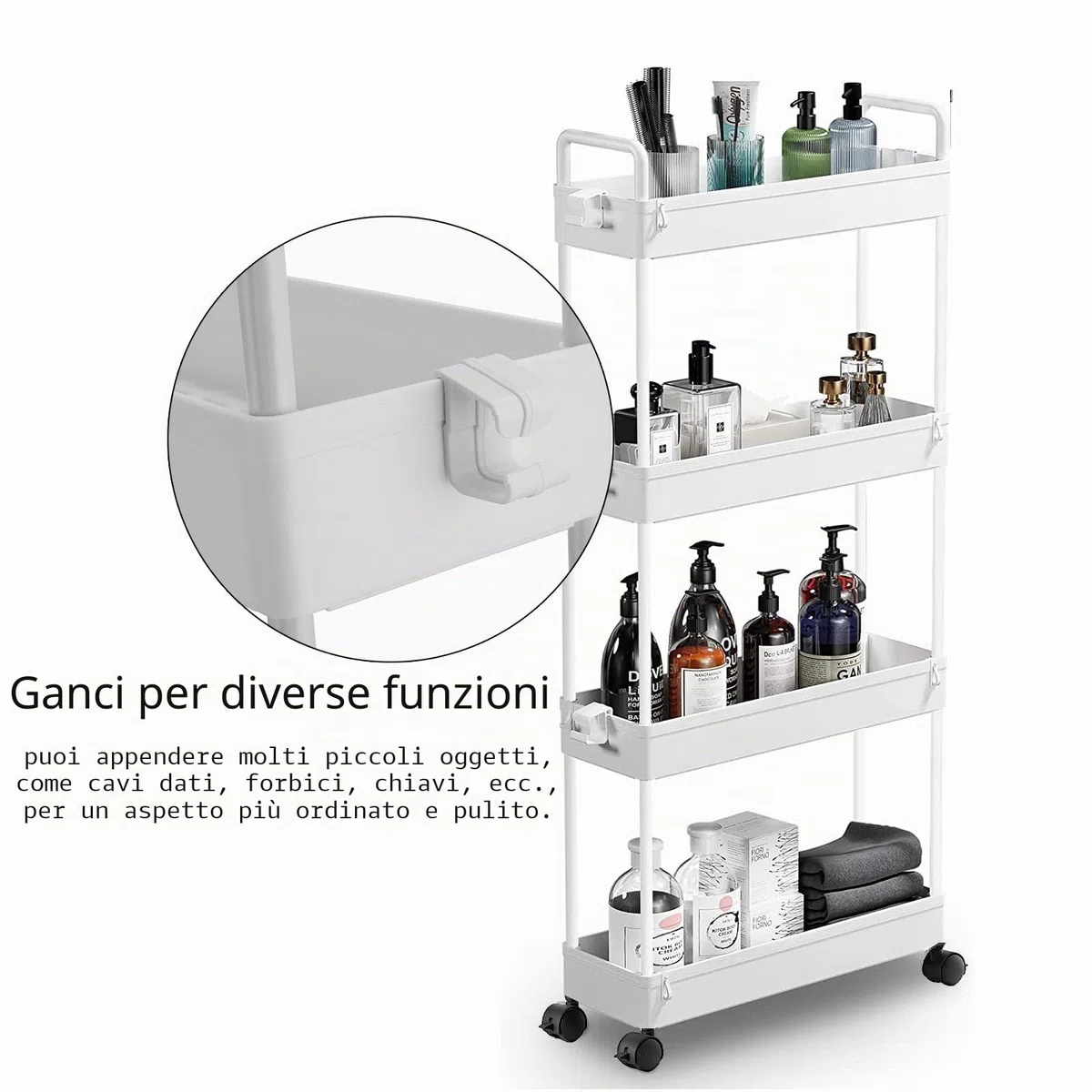 Elegante Carrello Arrotolabile a 4 Livelli, Multifunzione per Cucina, Organizer per Conservazione, Armadietto Sottile per Bagno, Lavanderia e Soggiorno
