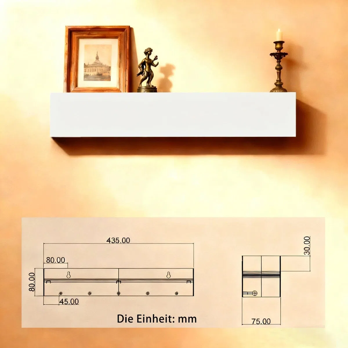 43,5cm Attaccapanni da Parete con Mensola, 5 Ganci Nascosti, Appendiabiti in Legno e Metallo, Ganci Discreti per Ingresso, Camera da Letto, Bagno e Soggiorno, Appendivestiario Bianco
