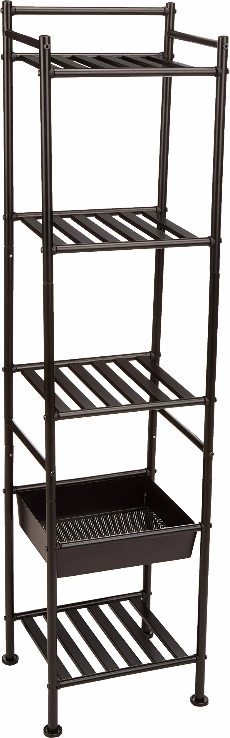 Amazon Basics Scaffale a 5 ripiani con cestello, Nero, 34.5 x 28.5 x 140.3 cm (L x W x H)
