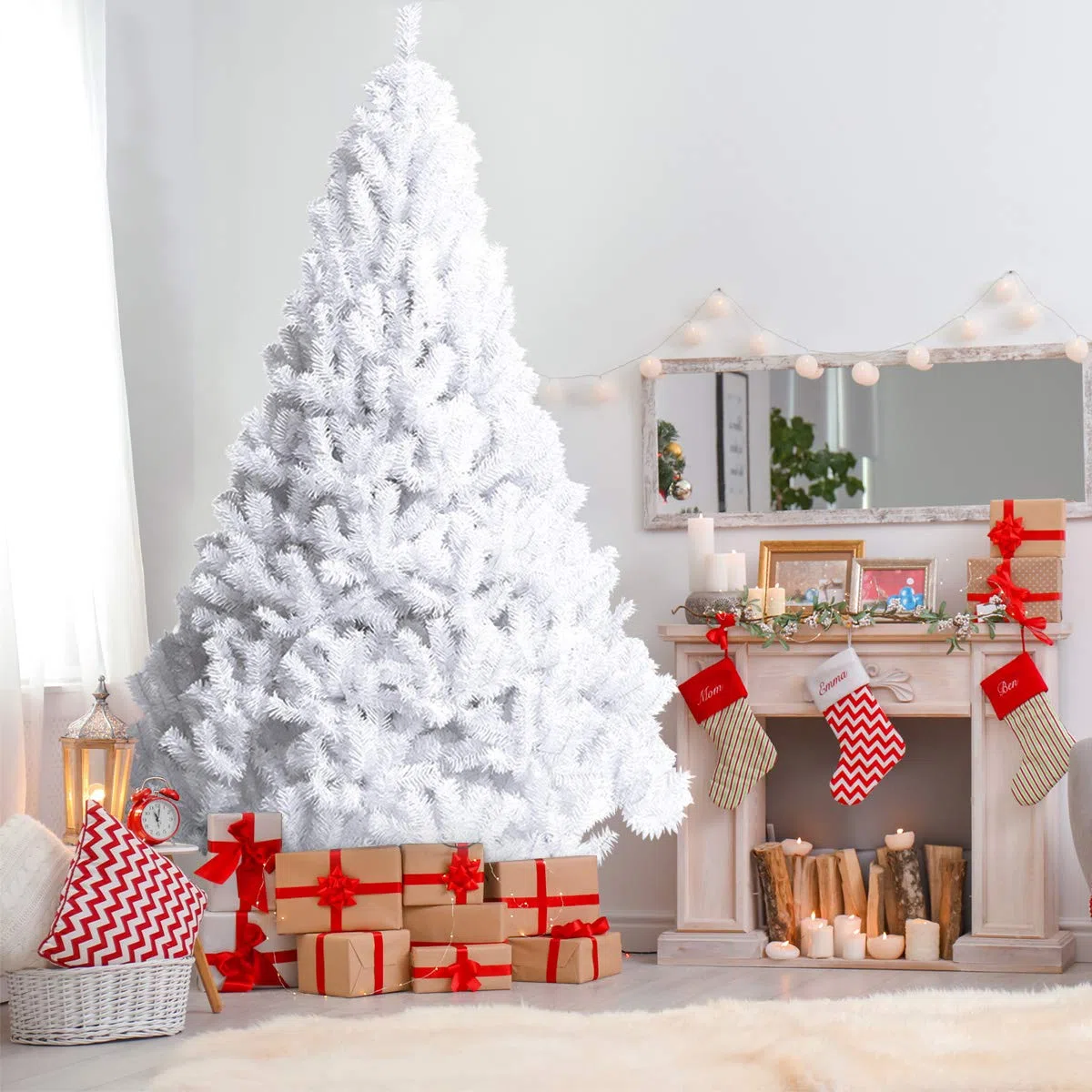 COSTWAY Albero di Natale 150/180/210/240 cm, Albero di Natale Bianco con 350/650/950/1138 Rami in PVC e Supporto in Metallo, Albero di Natale Artificiale per Casa, Ufficio e Negozio (180 cm)