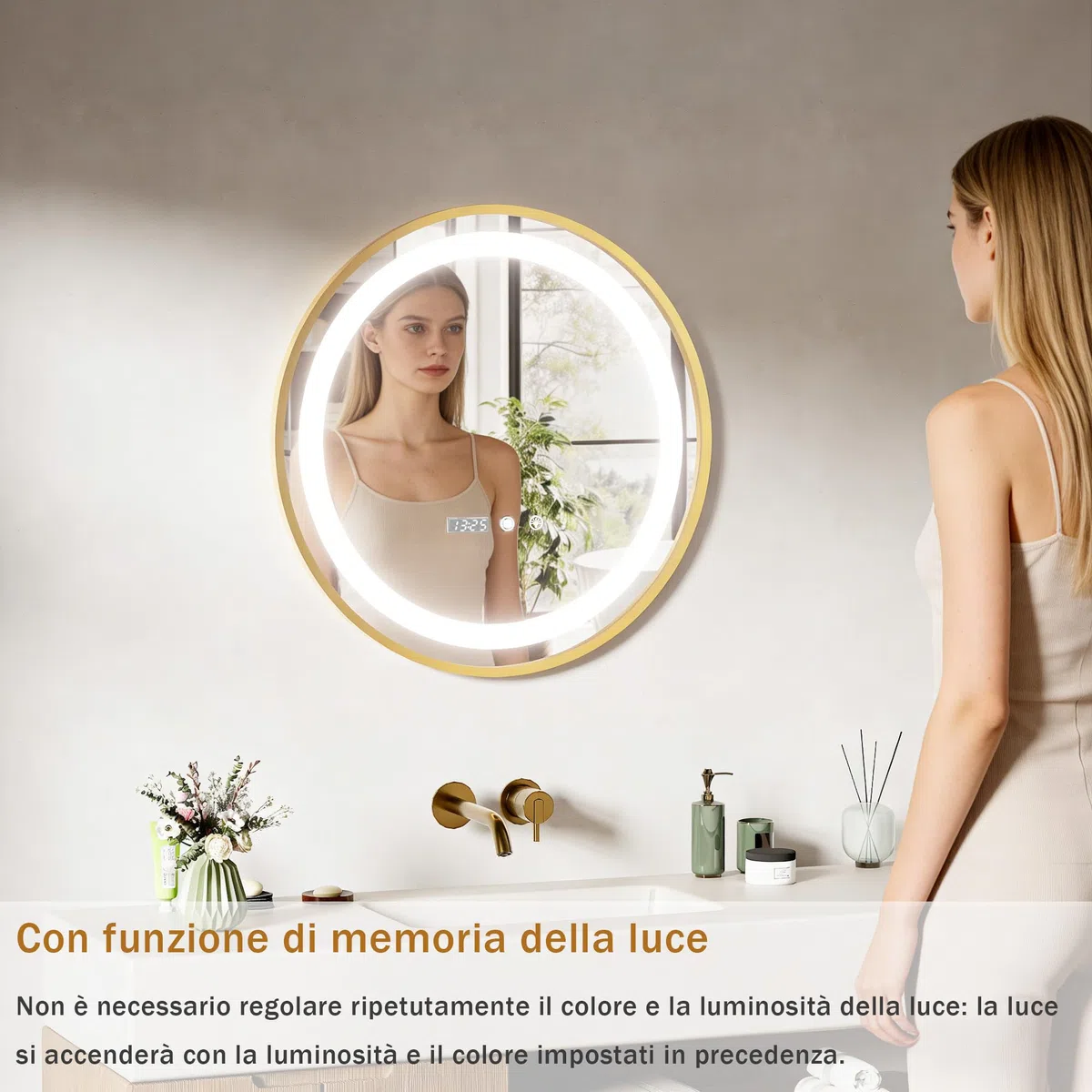 Specchio Bagno con Luce LED a 3 Colori Rotondo, Specchio led bagno con Antiappannamento,3000K-6000K Luminosità Regolabile,Impermeabile IP44, Funzione Memoria, Adatto per Bagni e Parrucchieri (50x50cm)