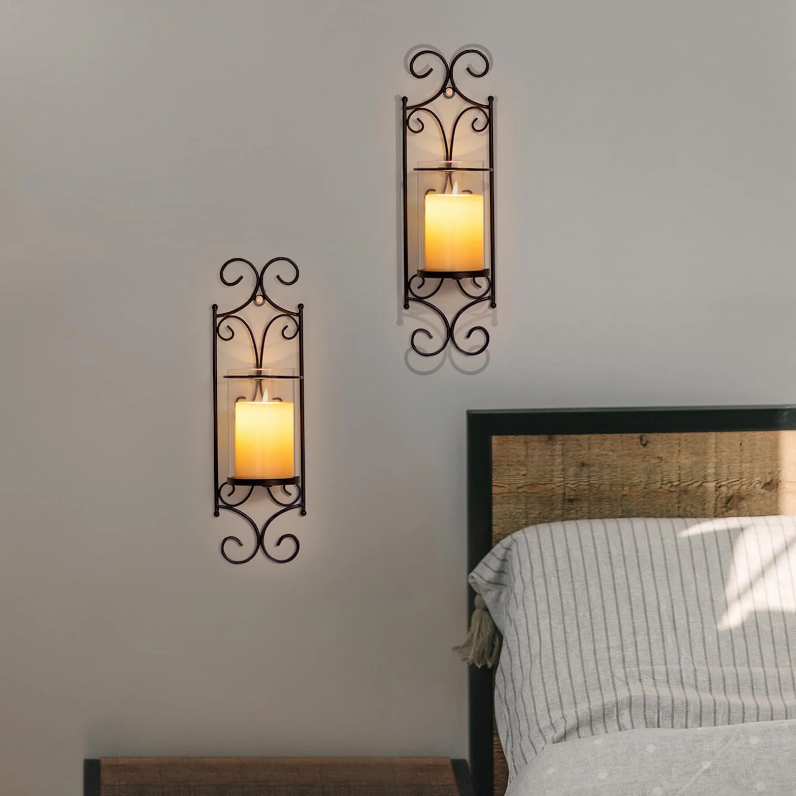 Sziqiqi Portacandele da Parete con Vetro Antivento - Candelabro da Parete Portacandele a Colonna Decorazioni da Parete Candeliere per Soggiorno Camino, Nero