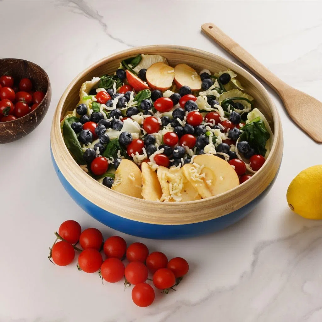Jungle Culture Grande ciotola per frutta in bambù • Ciotoline per insalata in legno rispettose dell'ambiente • Elegante ciotola per frutta o insalata fatta a mano in blu • Cestino per il pane in legno