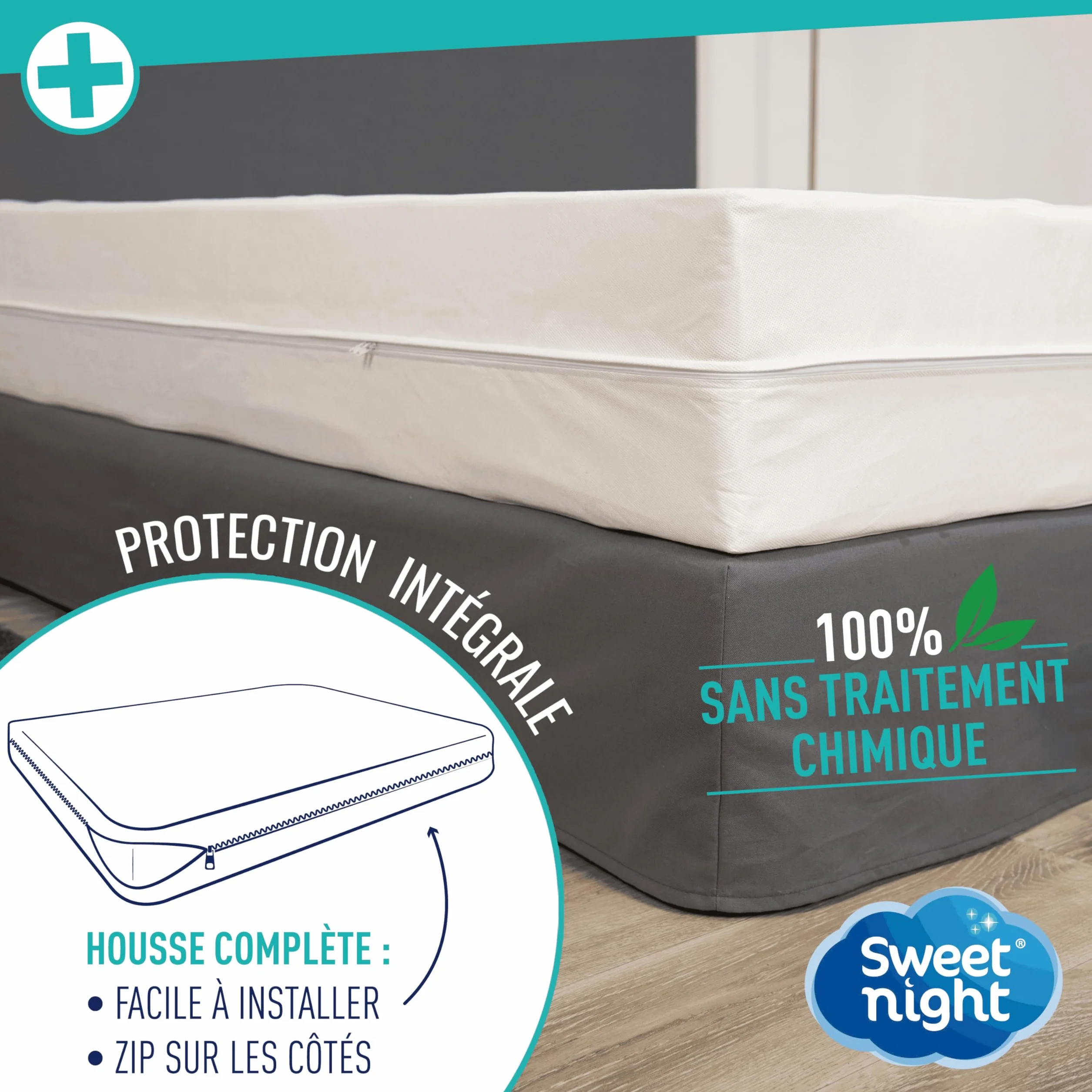 Sweetnight - Fodera integrale per materasso francese 140x190 cm | Anti cimice e antiacaro | Silenzioso | Chiusura a cerniera | Senza trattamento chimico | Spessore fino a 20 cm