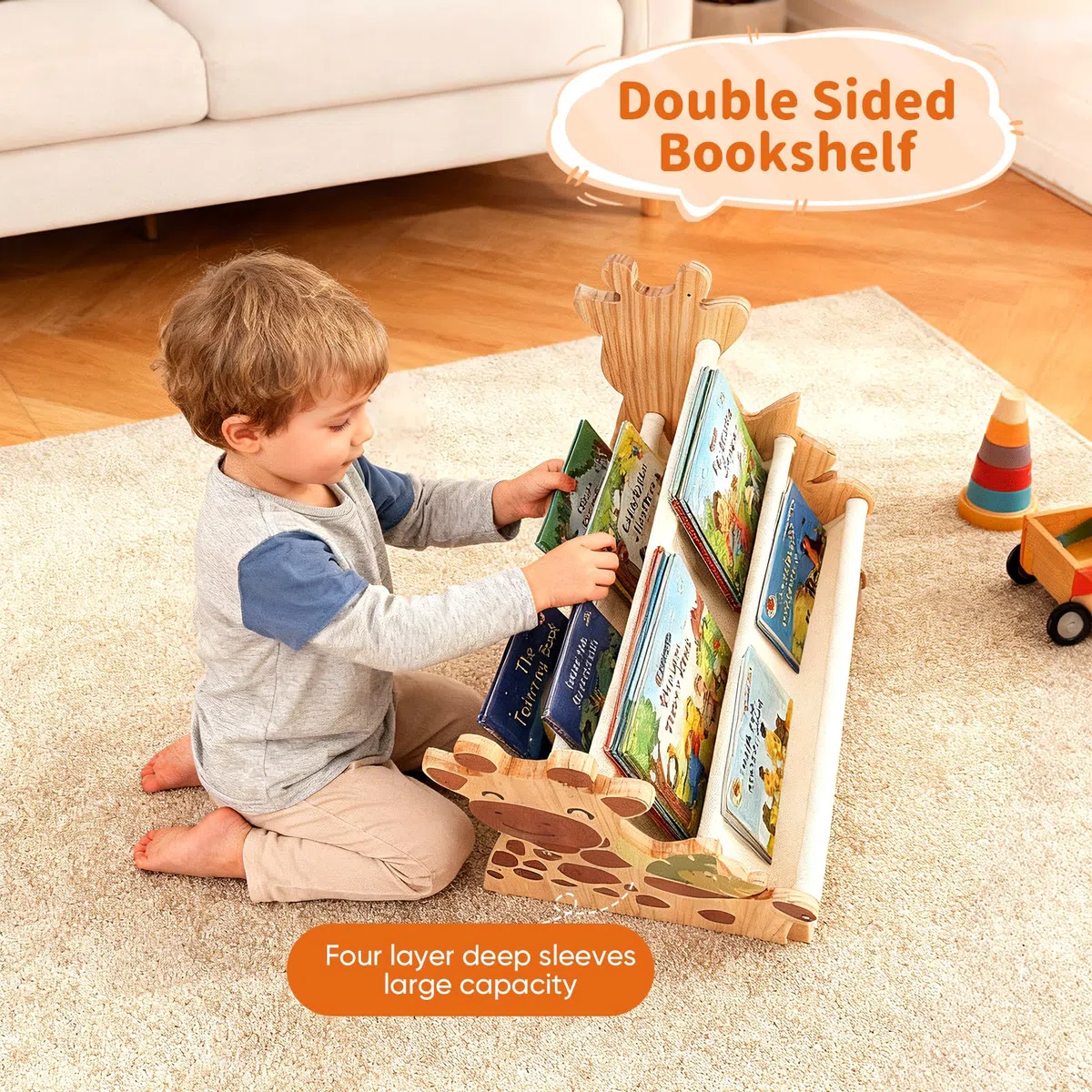 Libreria per Bambini in Legno, Scaffale Porta Libri Doppia Faccia con Tasche in Tela, Stile Montessori Portatile con Maniglia, Organizzatore Giochi in Legno per Cameretta