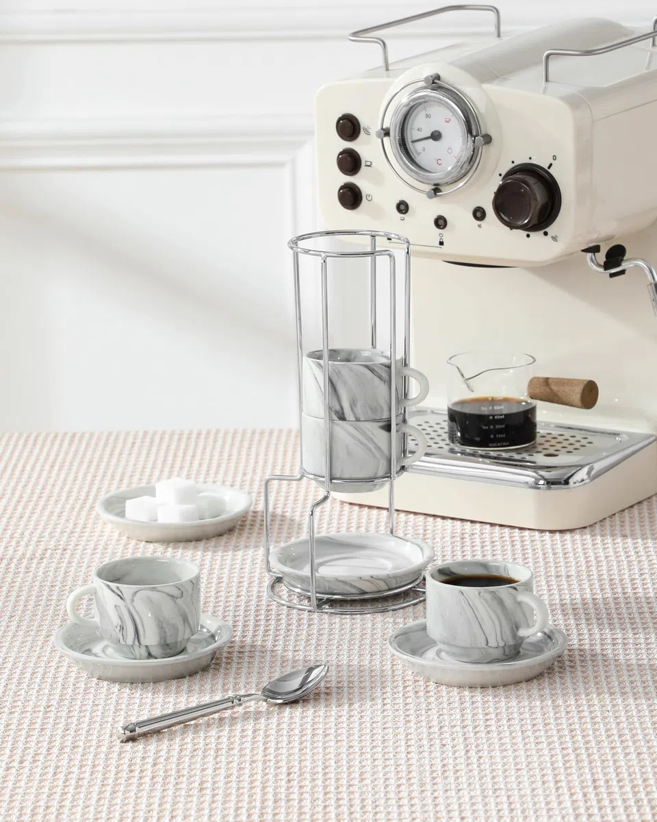 MALACASA Set di 4 tazze da espresso da 75 ml, a parete spessa con piattini e supporto, impilabili, tazze italiane in porcellana grigia, lavabili in lavastoviglie, serie regolare