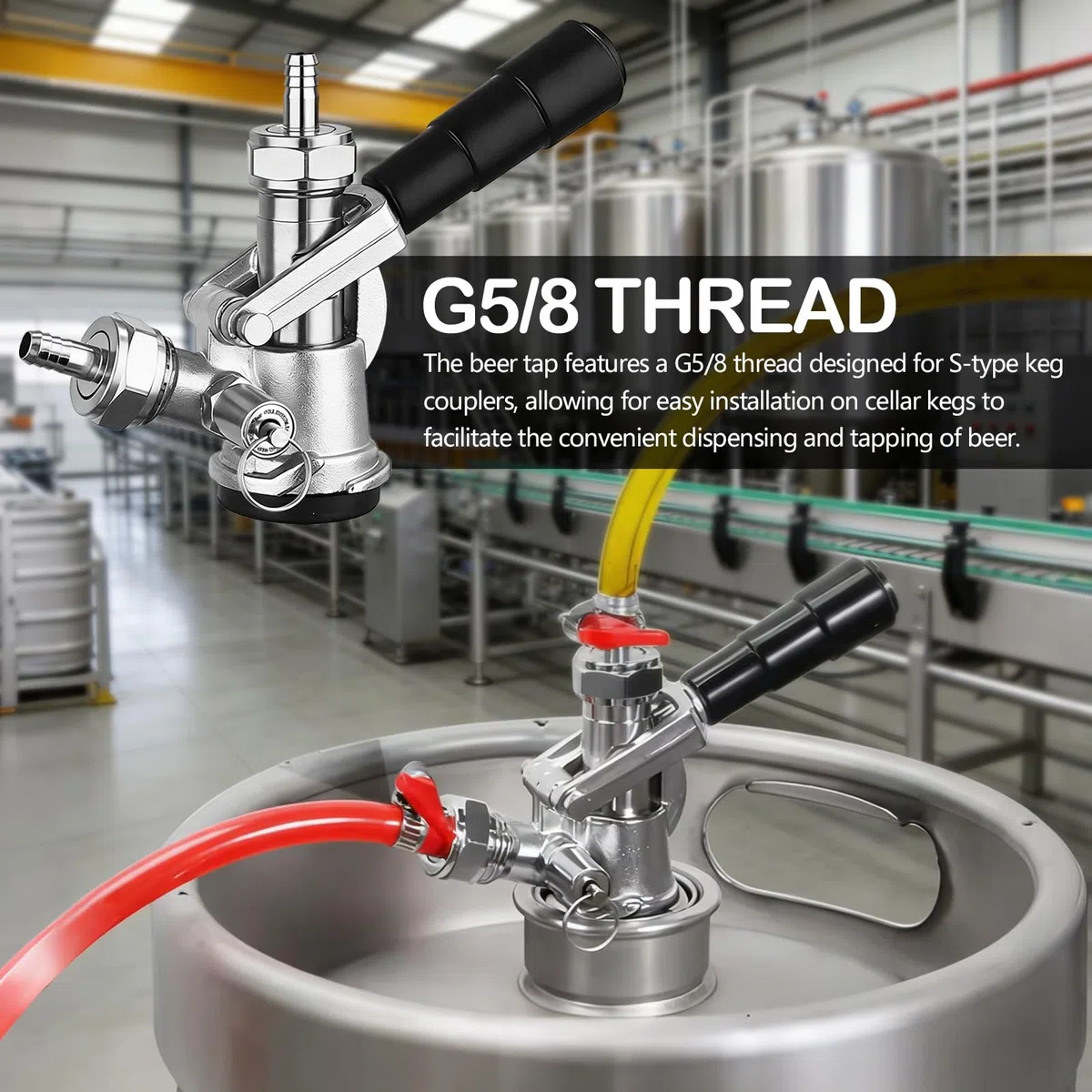 Testa di Spillatura per Fusto, Accoppiatore Keg Tipo D G5/8 con Valvola di Sicurezza Rubinetto in Acciaio Inox 304 per Sistema di Spillatura Connettore Compatibile con Birra Vino