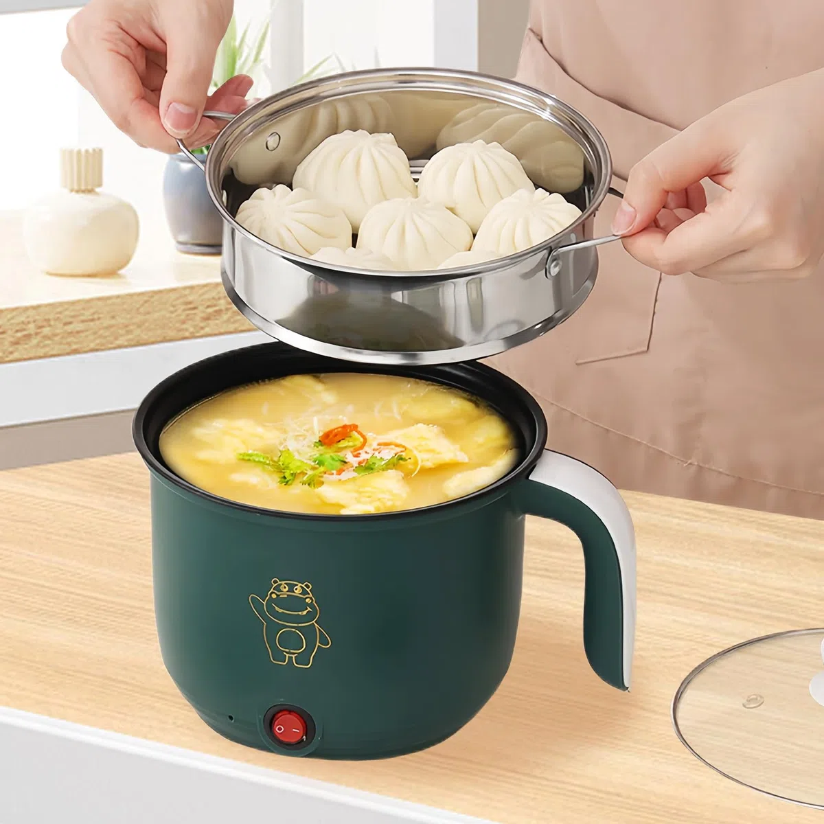 BORDEAG Mini fornello antiaderente, 1.8 l, pentola elettrica, pentola portatile, mini fornello portatile per bistecca, pasta, uova, Avena, Ramen, con vapore, verde