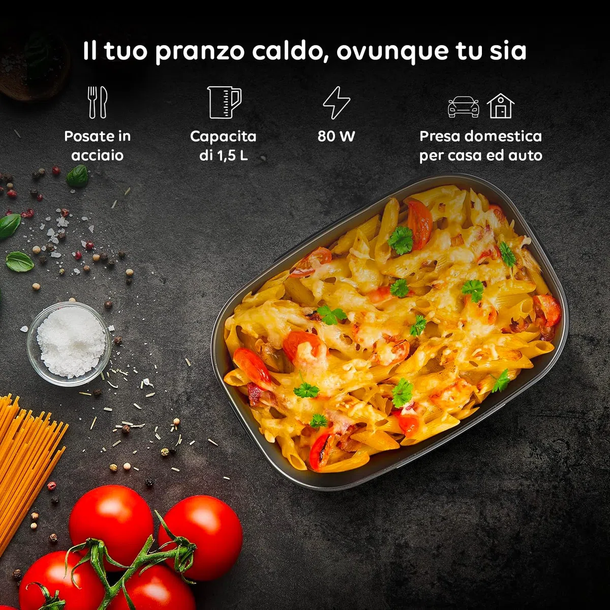 Avilia - Porta Pranzo Lunchy+ 3 in 1 Elettrico in Acciaio Inox con Posate, Scaldavivande da 80W Termico per Casa, Ufficio e Auto, Contenitori Ermetici e Doppia Presa 220V/12V