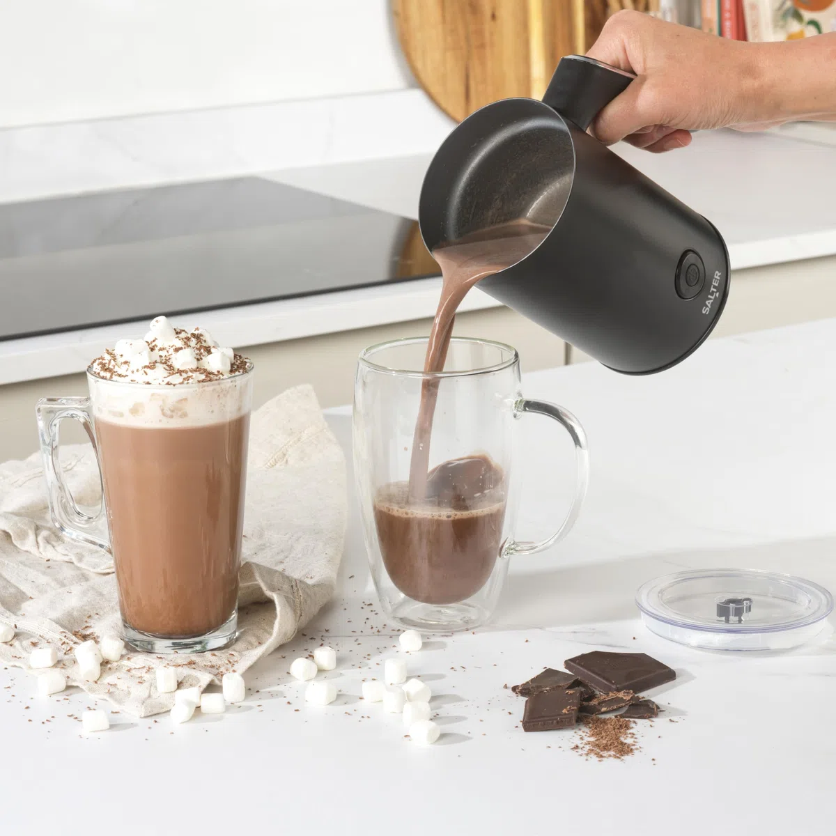 Salter Macchina per la cioccolata calda - Schiumalatte automatico 4-in-1, riscaldatore di latte caldo e freddo, 240ml/115ml, 500W, senza fili, pannello di controllo LED, per caffè, latte ghiacciato