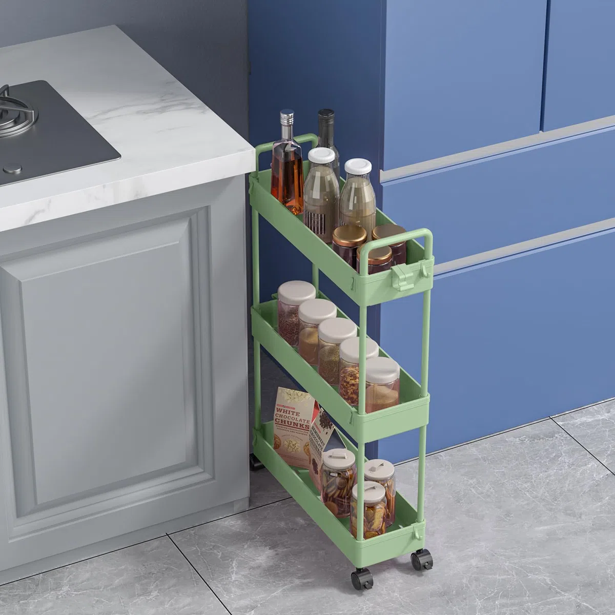SOLEJAZZ Carrello portaoggetti a 3 ripiani, scorrevole, sottile, con rotelle, organizer per cucina, bagno, lavanderia, camera da letto, spazi stretti, plastica, verde