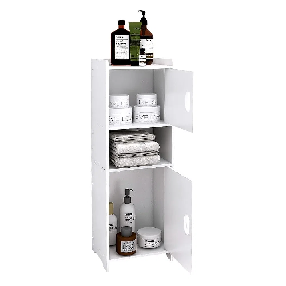 HUOLE - Armadietto per bagno, piccolo mobile di stoccaggio per toilette, armadio per toilette con porta spazzolino WC, mobile da bagno autoportante in legno, 24 x 20 x 72 cm - Bianco