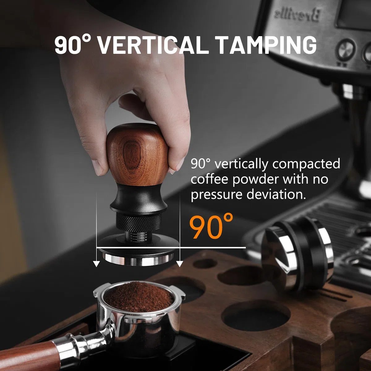 VINATO Pressa Caffè Espresso Professionale - Tamper Caffè 53.3mm con Sistema a Pressione Costante 30lbs, Profondità Regolabile, Impugnatura in Noce e Base in Acciaio Inox 304