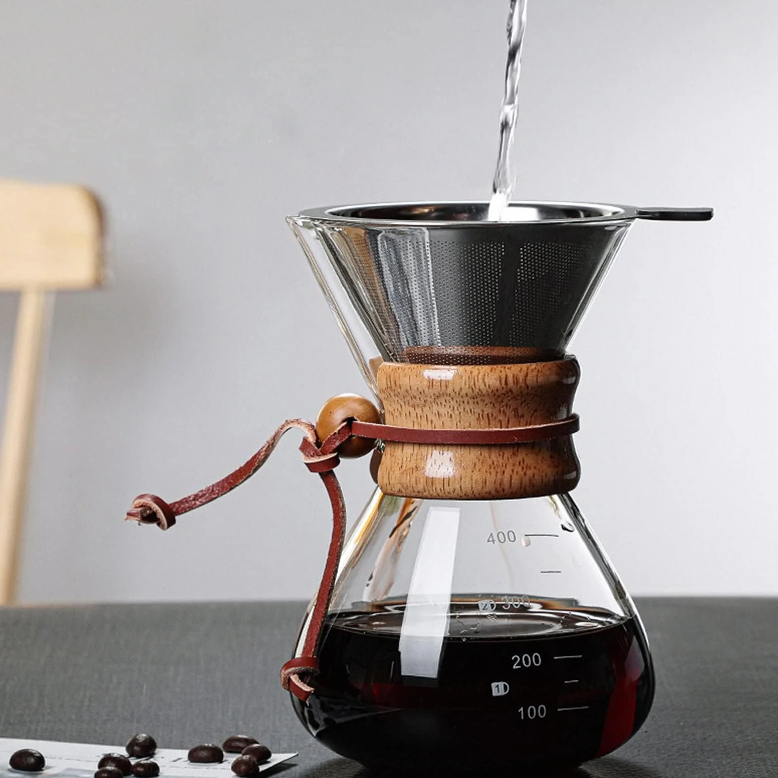 Coffee Brewer, Pour Over Coffee Maker 400ml Doppio Filtro Filtro per caffè con Maniche in Legno Adatto per Feste in Casa