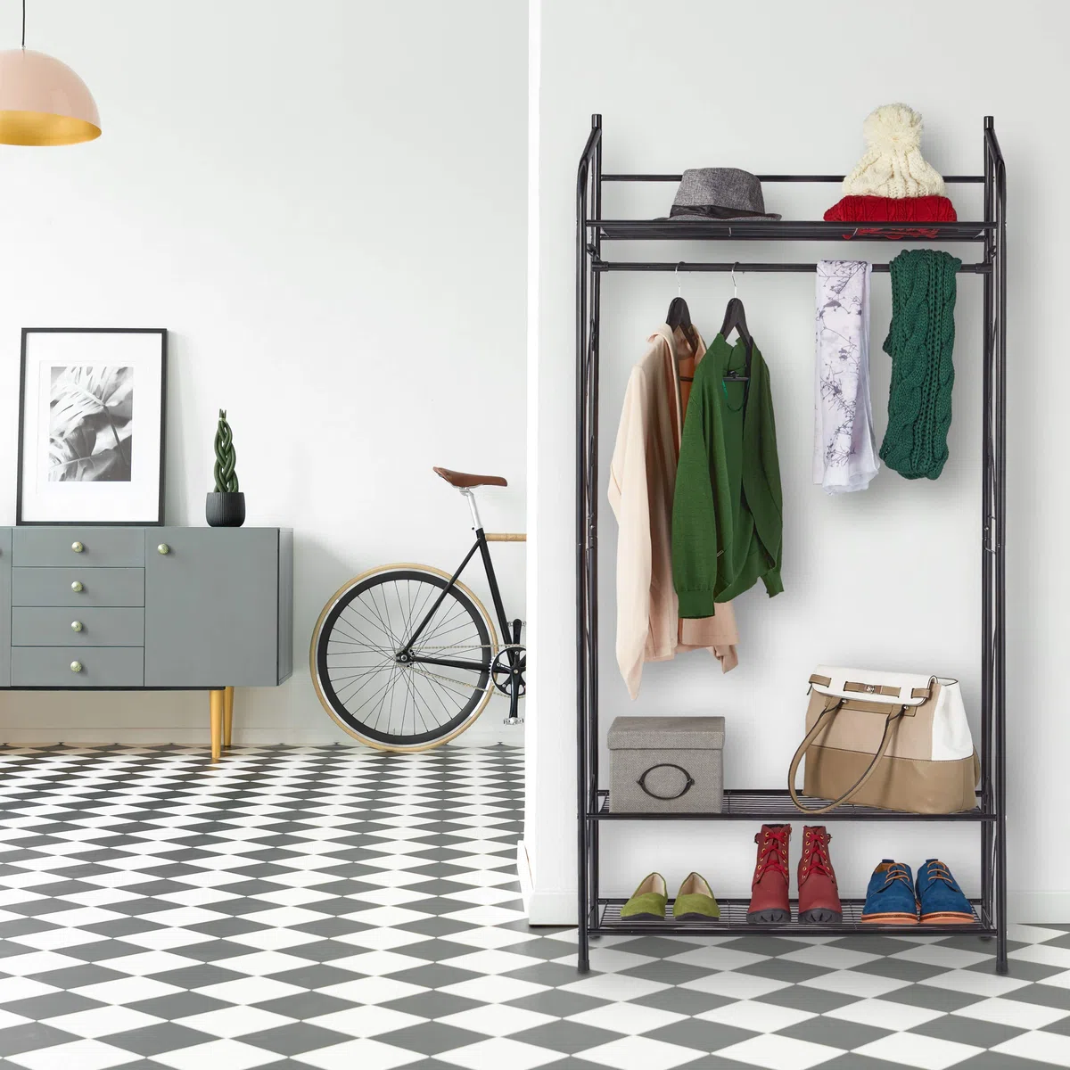Relaxdays Stand Appendiabiti in Metallo, Attaccapanni con Ripiano per Scarpe Cappelli, Armadio Aperto, 161x78x36cm, Nero