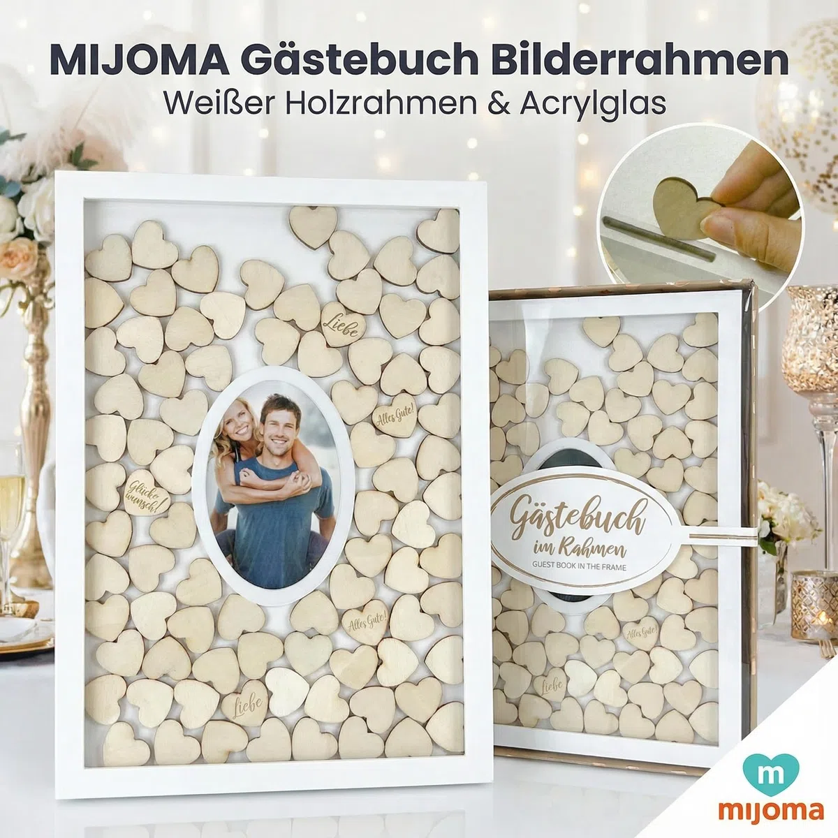 MIJOMA Libro degli ospiti - Cornice portafoto con 72 cuori in legno per matrimoni e feste, opere d'arte personalizzabili, bianco/naturale